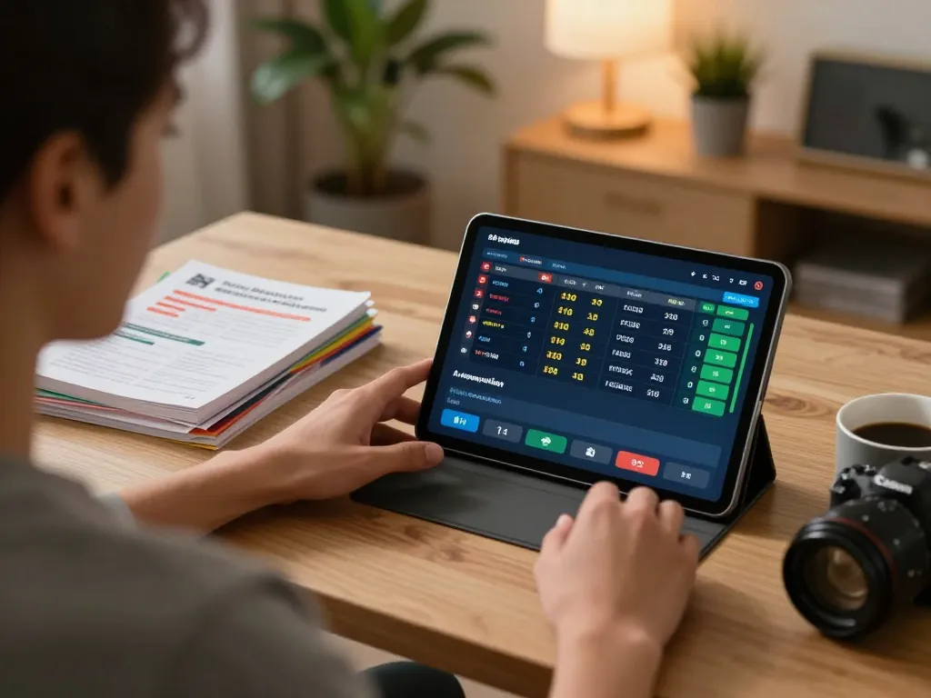 Engaging in sports betting on kim99 with a tablet in a cozy home office setting.