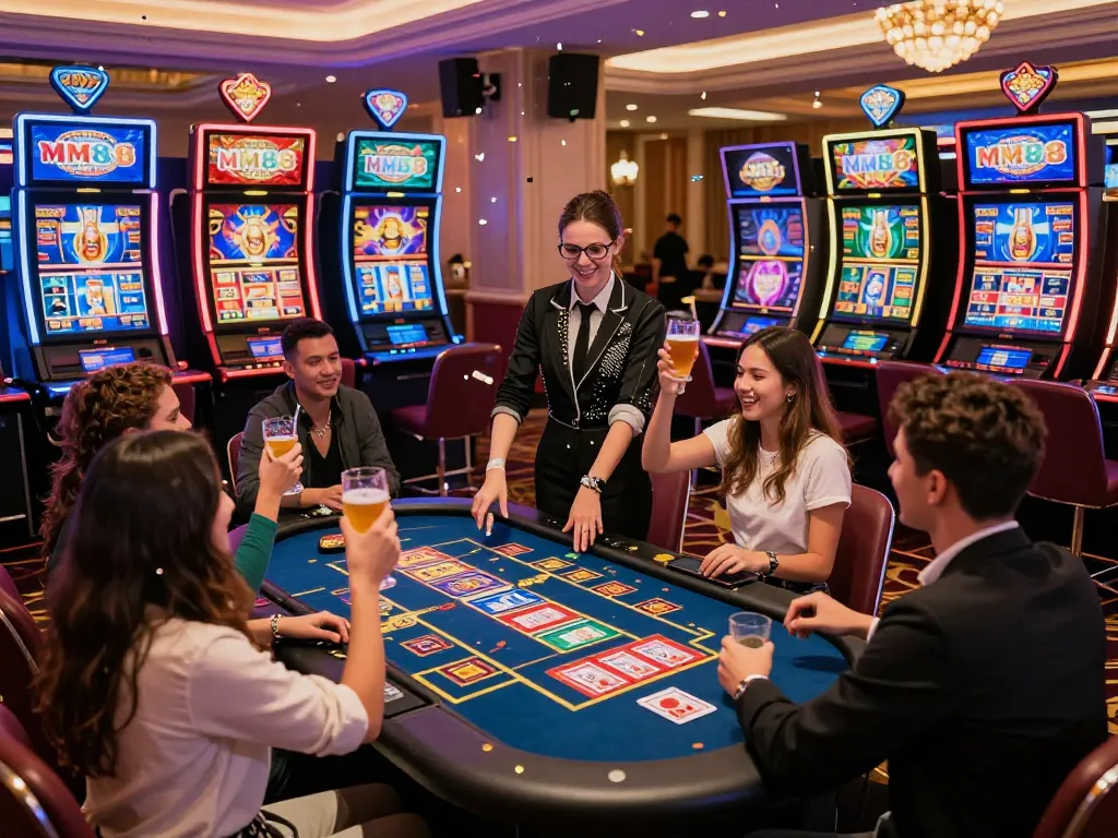 Exciting MM88 online casino scene with friends celebrating a big win at a gaming table.