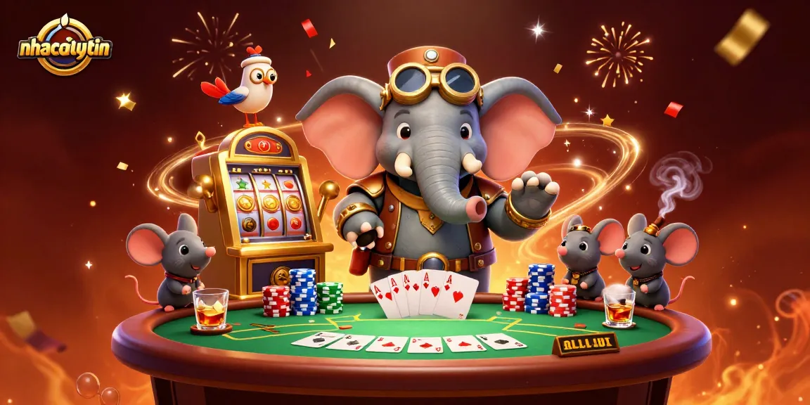 Engage with nhacaiuytin's thrilling casino experience featuring a steampunk elephant operating a vibrant slot machine.