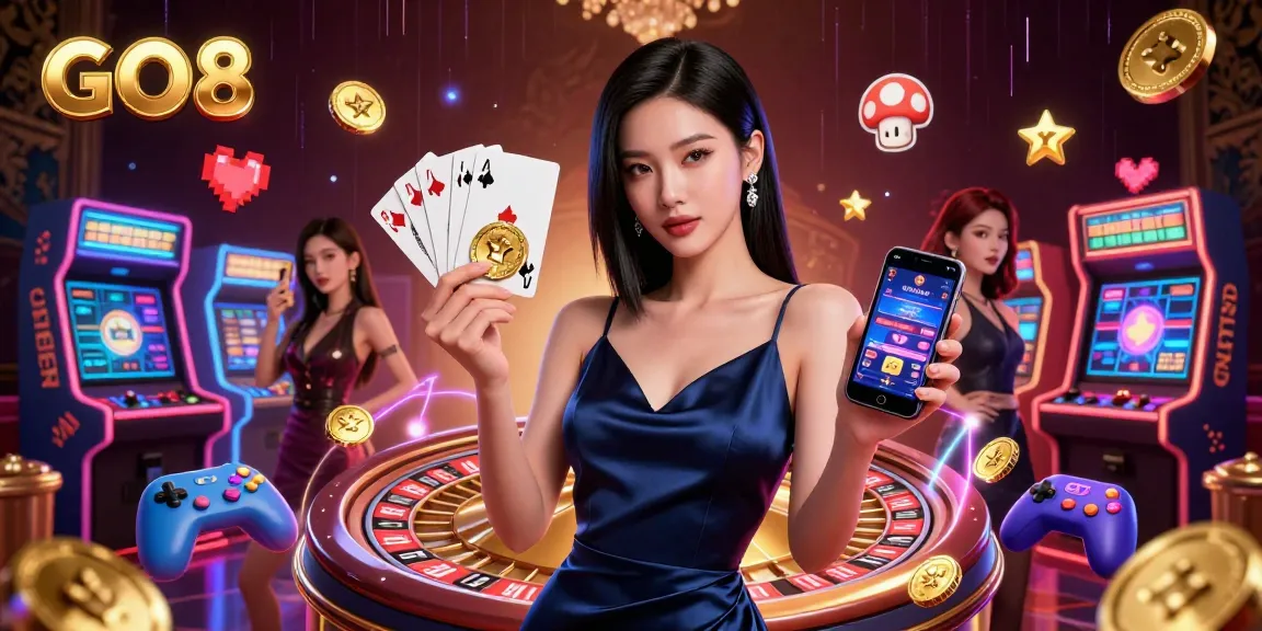 Engage in thrilling gameplay at GO8 with a stunning woman in a casino, showcasing vibrant gaming elements.