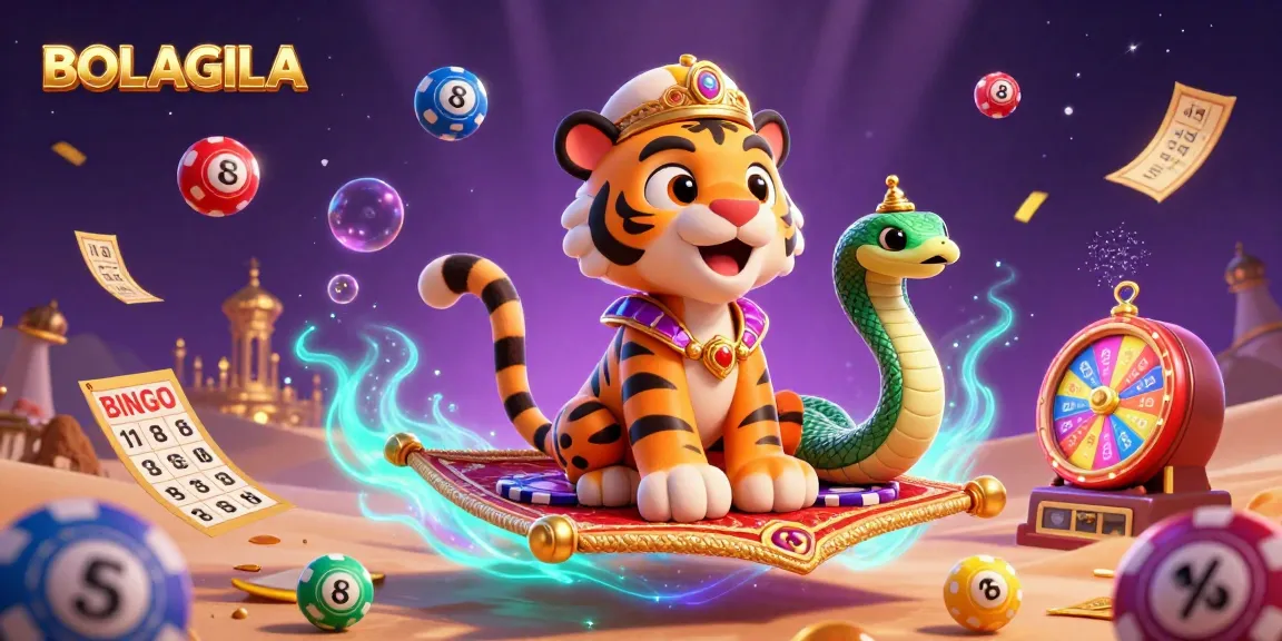 BOLAGILA captivates with a vibrant lottery-themed illustration featuring a tiger sultan on a flying carpet amidst colorful lottery balls.