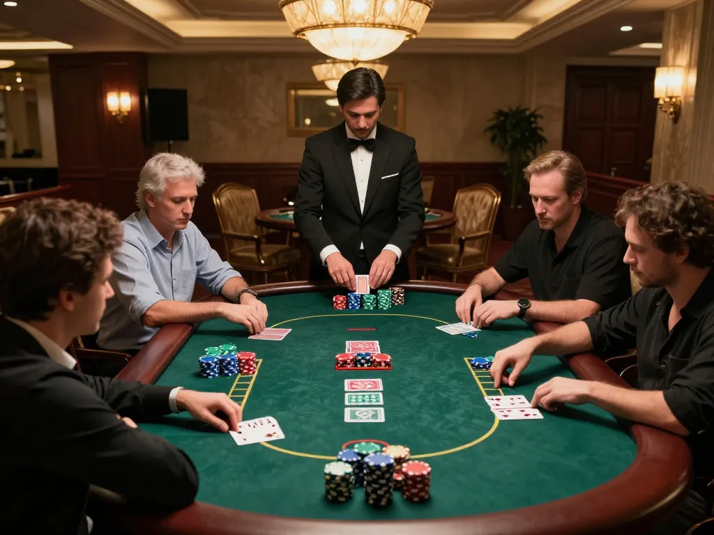 llwin players engaging in a high-stakes poker game in an upscale casino environment, showcasing strategy and tension.