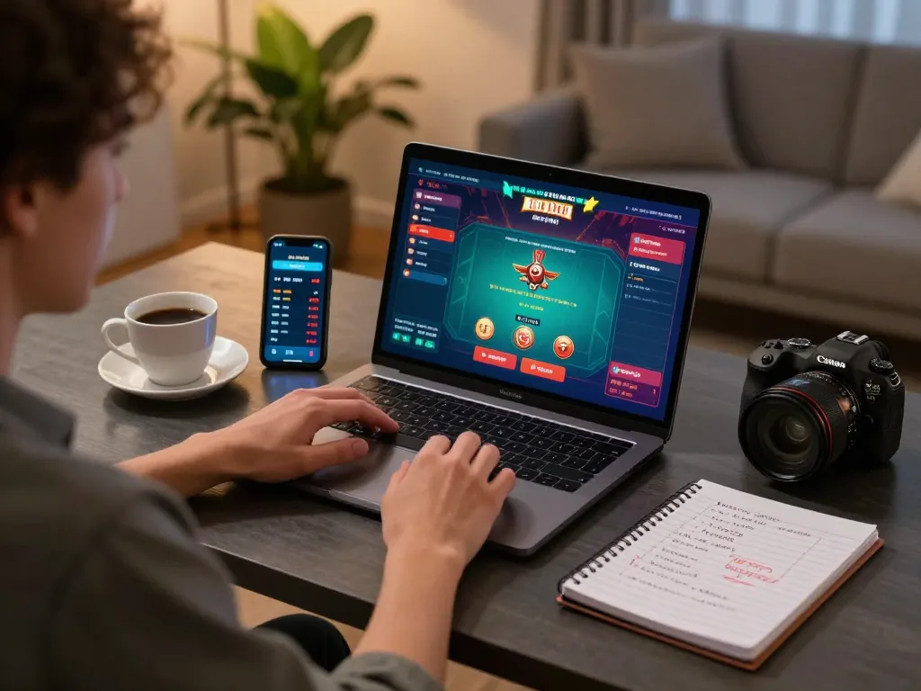 Pemain Jalatogel merencanakan taruhan selama permainan poker online di rumah dengan laptop dan buku catatan.