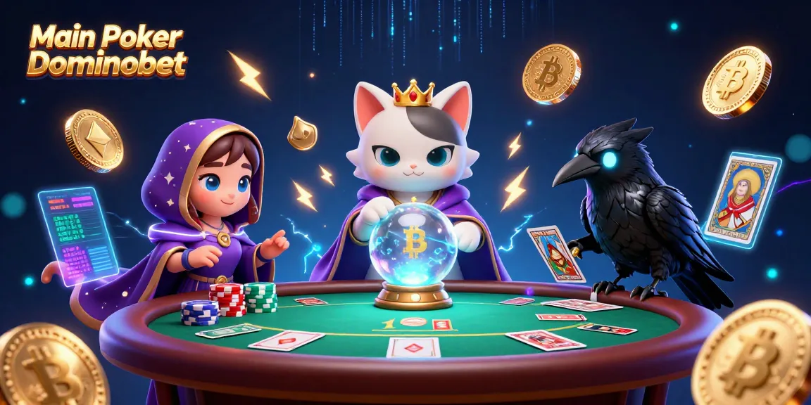 Main Poker Dominobet features an enchanting poker scene with a mystic cat and dynamic elements, capturing thrilling game energy.