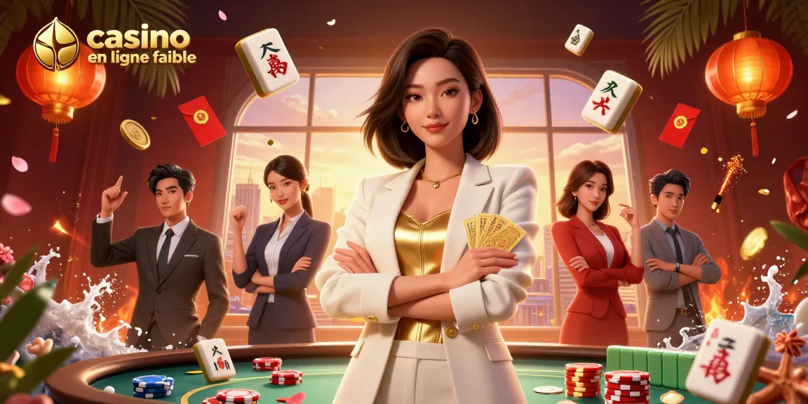 Rendez-vous dans un casino en ligne fiable et passionnant avec une femme asiatique élégante gérant des cartes et des jetons.
