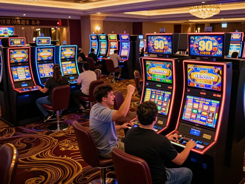 Engaging players at slot depo 1k machines with bright screens celebrating wins in an exciting casino.