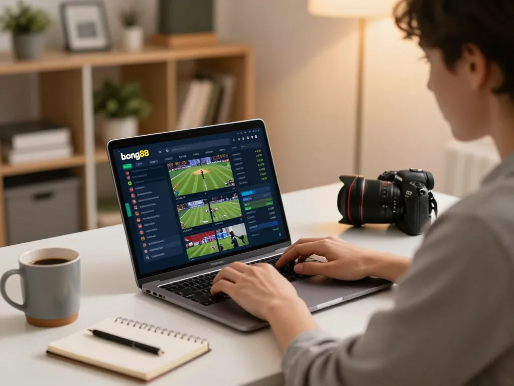 Bong88 online sports betting experience with a player engaged in betting strategies from home workspace.