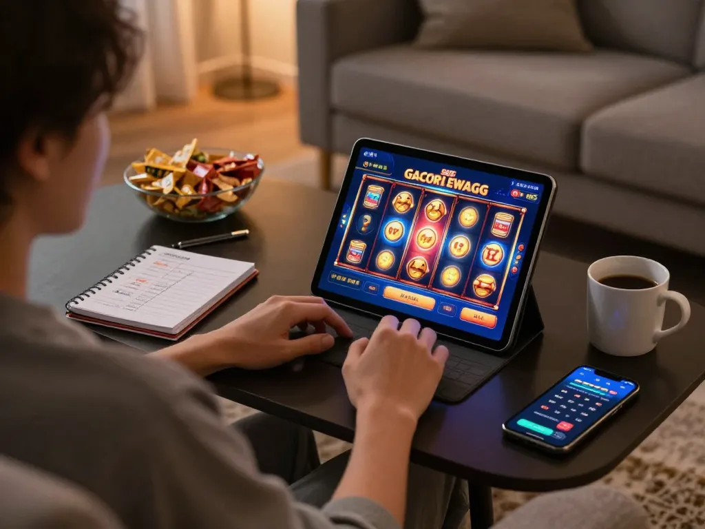 Engaged player enjoying Slot Gacor Dewagg on tablet in cozy home setting, strategic notes nearby.