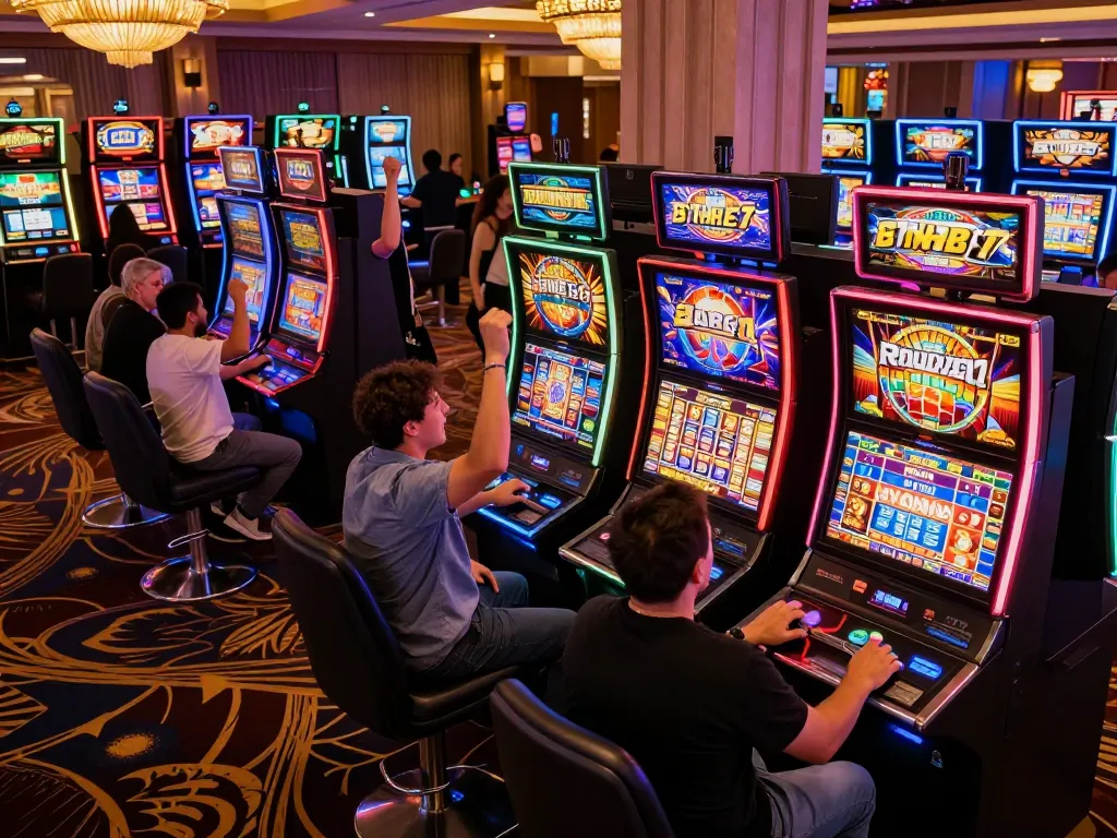 Engage in a thrilling mini-game experience at a vibrant casino, surrounded by colorful slot machines and joyful players.