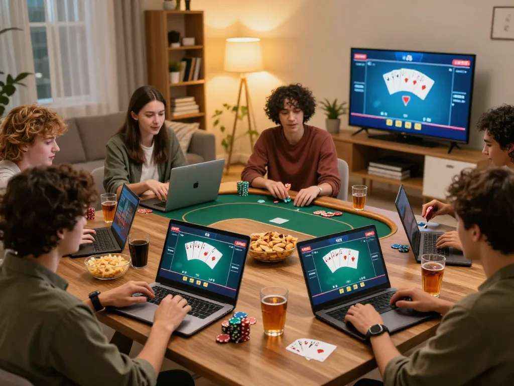 Ligalexus poker night scene with friends playing online from home, showing engaged players and game interface