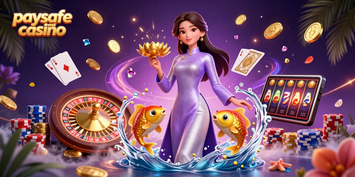 Erleben Sie die Aufregung des Paysafe Card Casinos mit einer eleganten asiatischen Frau und dynamischen Casino-Elementen.