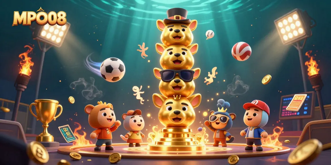 Engage with MPO08 as golden totem poles and sports elements create a vibrant casino scene.
