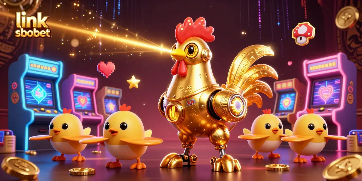 Engage with link sbobet and experience a vibrant 3D casino scene with golden rooster robot and baby chick drones.