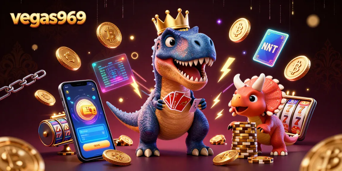Winning big at vegas969 as cartoon dinosaurs play cards, surrounded by virtual coins and slot elements