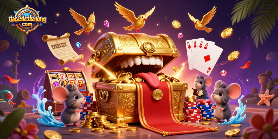 Spin to win at dacsandatphanrang com with dynamic 3D casino illustration featuring treasures, slots, and vibrant gaming elements.