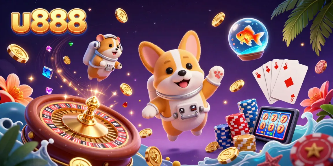 Play at u888's vibrant casino scene with cartoon characters and floating gold coins.