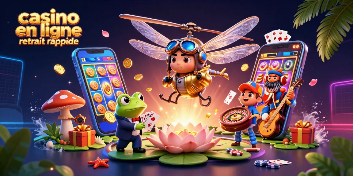 Jouez à casino en ligne retrait rapide, avec un pilote libellule et un croupier grenouille animés.