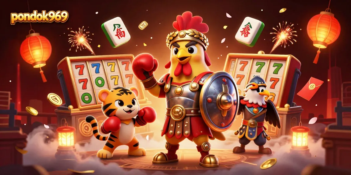 Experience winning moments at pondok969 with vibrant slot reels, golden coins, and a lively gaming atmosphere.