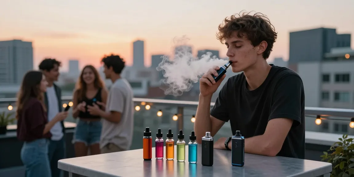 Casual vaping session with a variety of electronic liquid bottles in an urban rooftop setting, showcasing the lifestyle around 電子煙油.