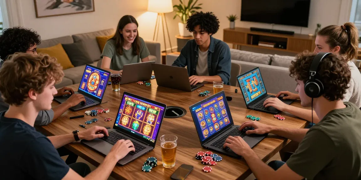 Players enjoying a thrilling slot modal 5k gaming experience at home, engaging with colorful graphics on screens.