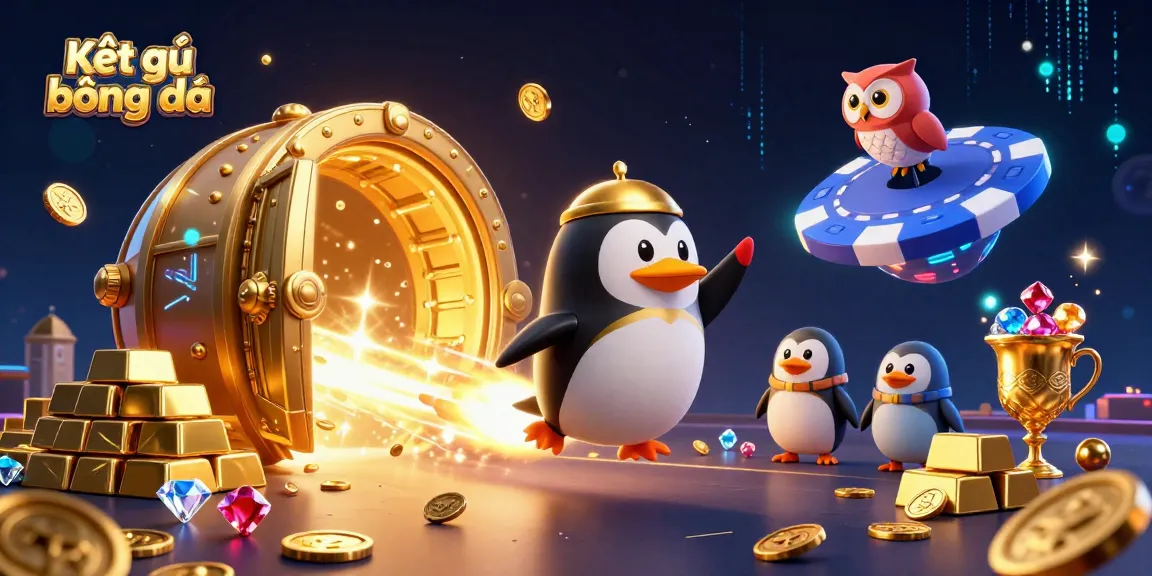 Kết quả bóng đá depicted in a colorful 3D illustration of a penguin racing towards a casino poker chip in space, surrounded by treasure.