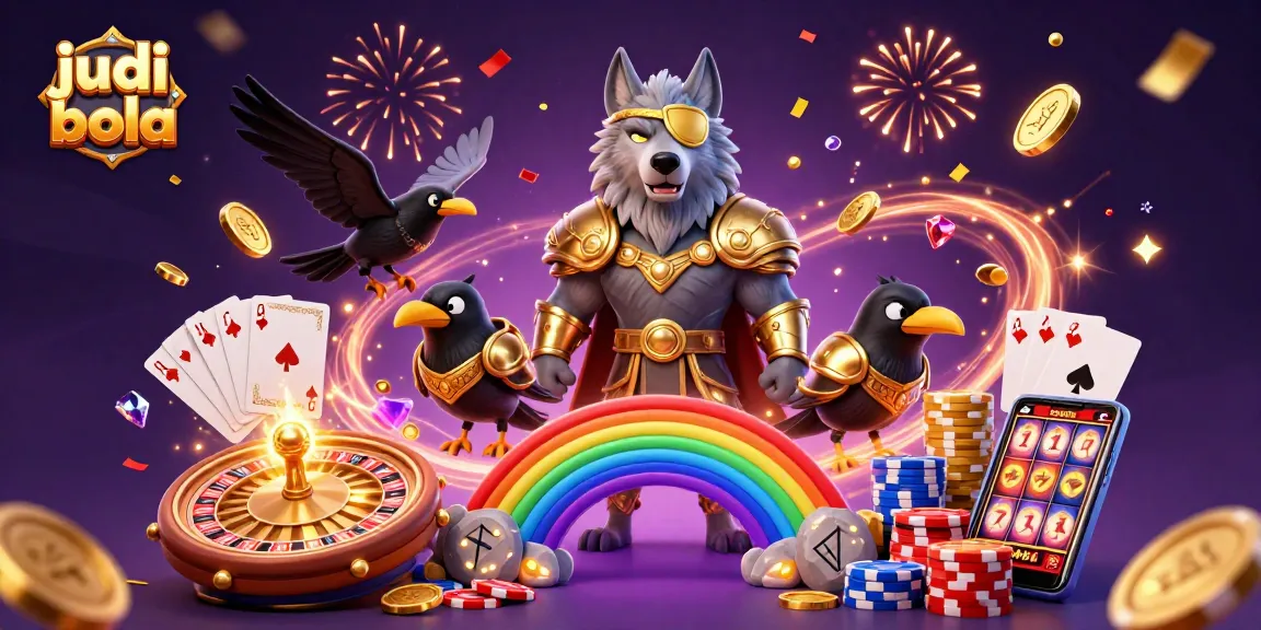 Experience judi bola excitement in a dynamic scene with sparkling gems, coins, and festive casino elements.