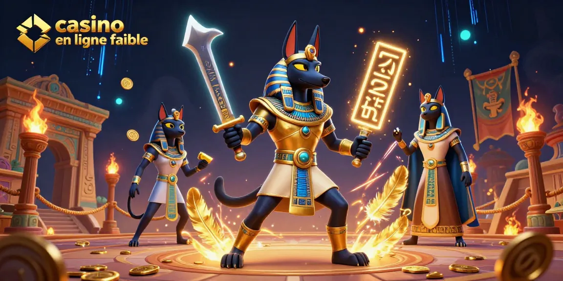 Illustration dynamique représentant un guerrier Anubis et Bastet, promouvant un casino en ligne fiable.