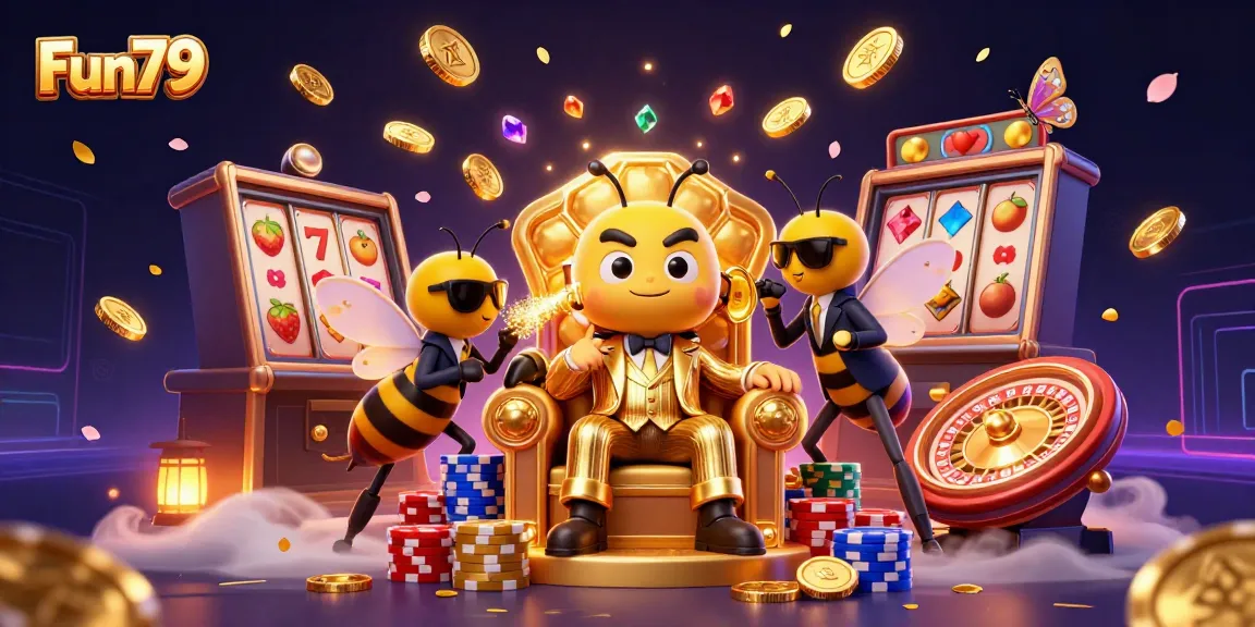 Experience fun and excitement with Fun79's thrilling slot games in a vibrant 3D casino scene.