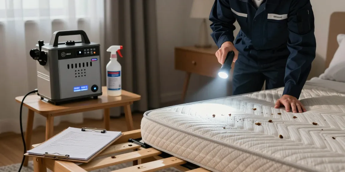 Bed bug treatment solutions in a cozy bedroom with technician inspecting for pests.