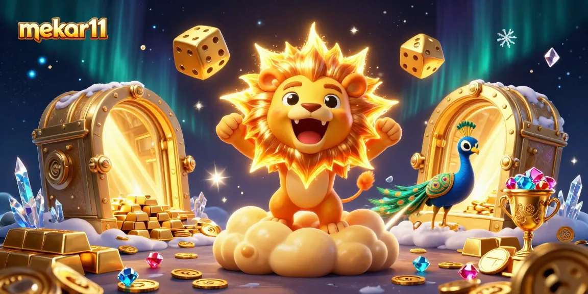 Mekar11 offers exhilarating slot experiences with vibrant illustrations of golden treasures and a roaring sun lion.