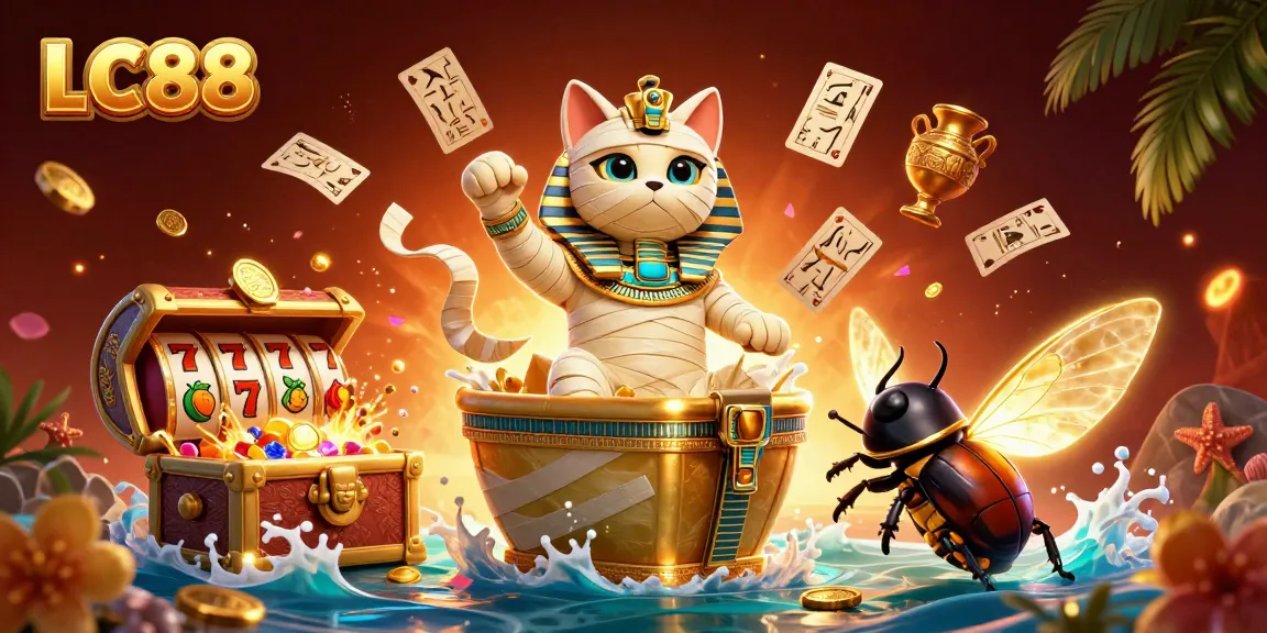 Join the excitement at LC88 with our mummy cat and scarab beetle amidst thrilling casino games.