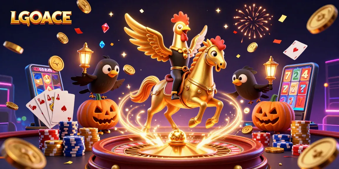 LGOACE reveals an exhilarating gaming experience with a golden rooster and spooky companions in a vibrant casino.