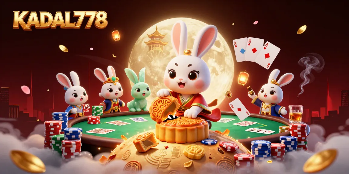 KADAL778 showcases an enchanting gambling scene with poker elements featuring a moon rabbit and jade companion.