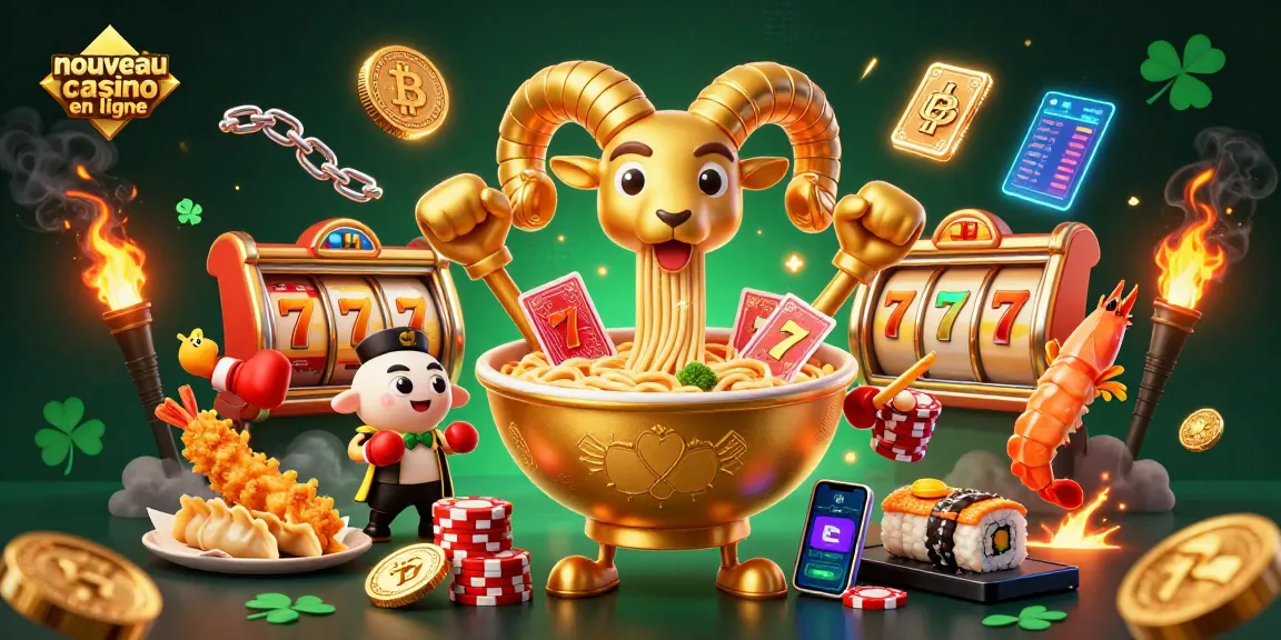 Visualisez un nouveau casino en ligne avec un bol de ramen en or et des personnages colorés jouant aux cartes.