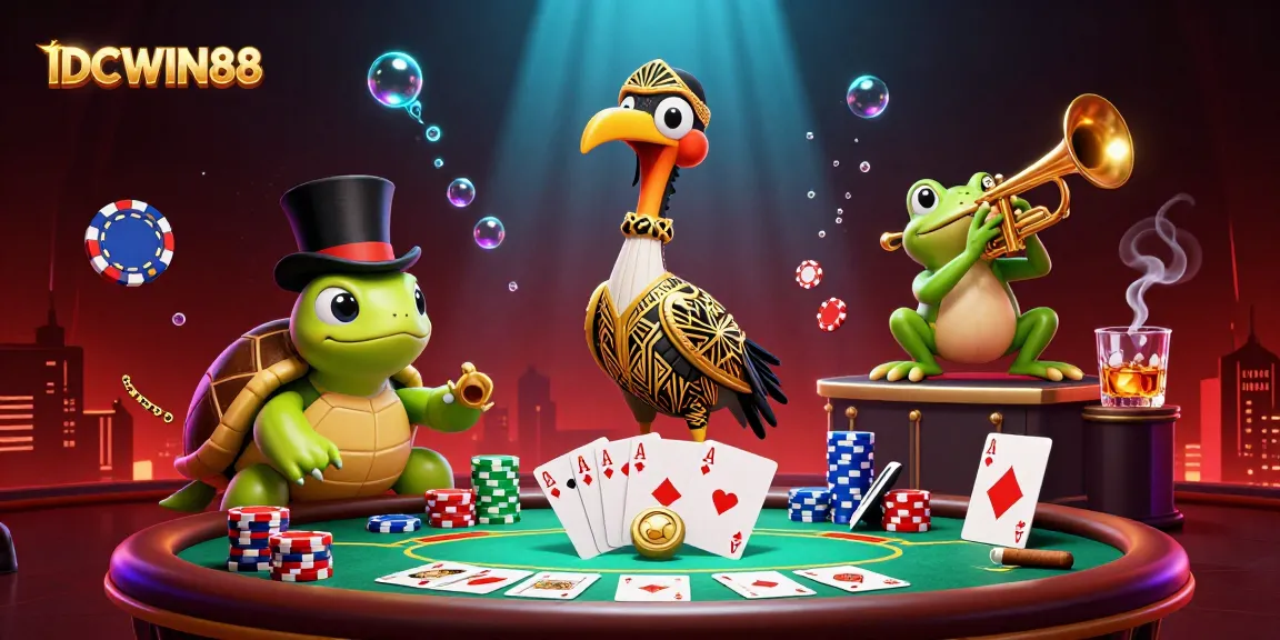 Experience IDCWIN88 casino excitement with a 3D artistic scene featuring vibrant characters and poker elements.