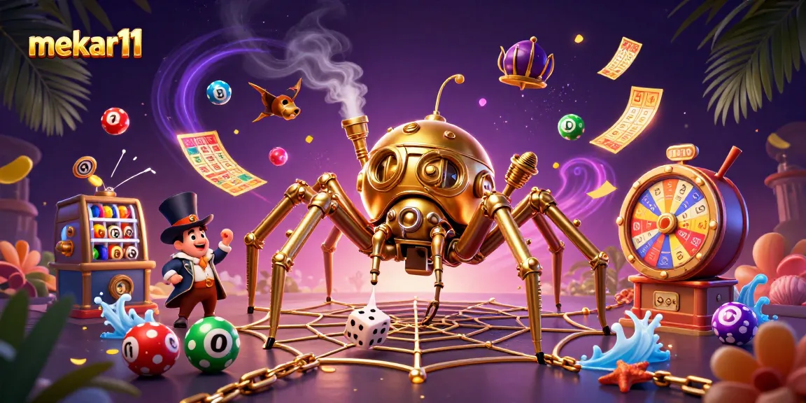 Mekar11 showcases thrilling golden spider and Victorian fly amidst dazzling lottery elements and vibrant casino activities.