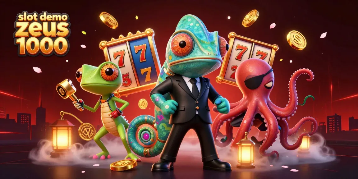 A dynamic slot demo zeus 1000 scene featuring a chameleon agent, gecko companion, and octopus villain with vibrant casino elements.