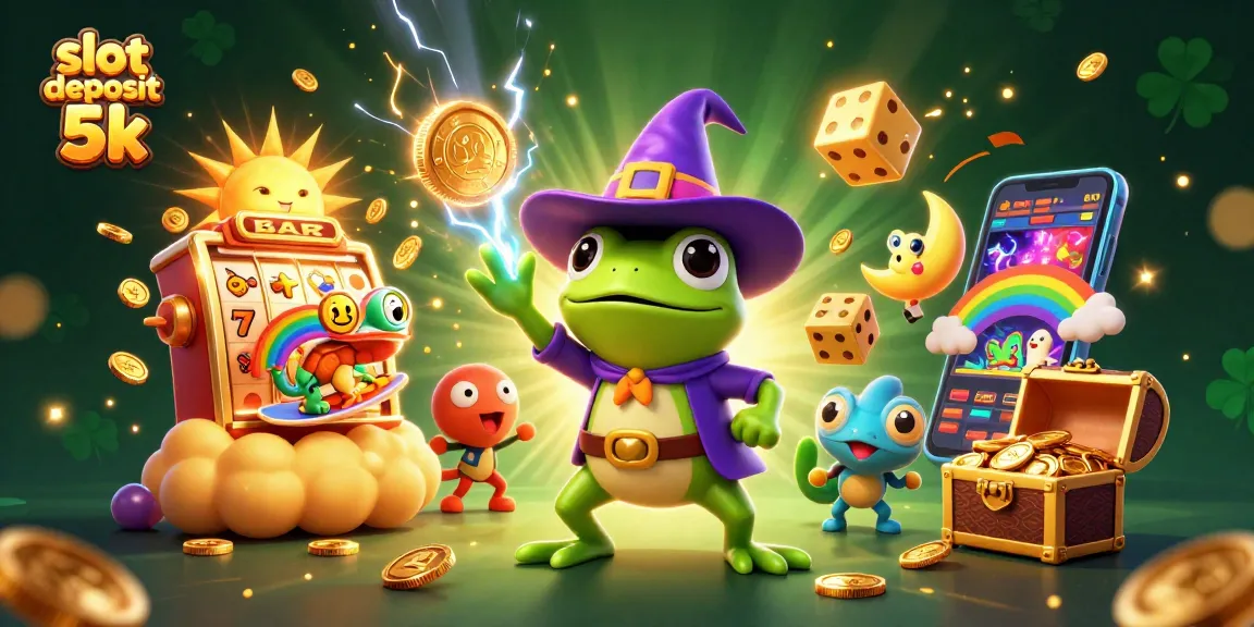 Experience the thrill of slot deposit 5k with a colorful 3D illustration showing golden coins, vibrant game elements, and enchanting characters.