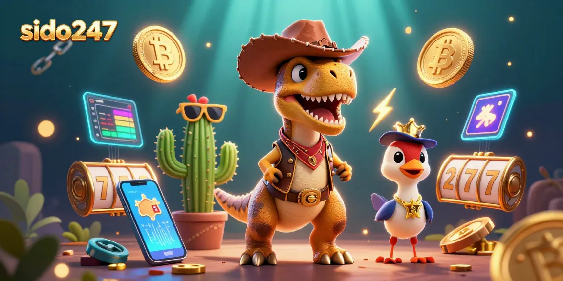 Sido247 showcases thrilling slot action with giant T-Rex and friends surrounded by crypto elements.