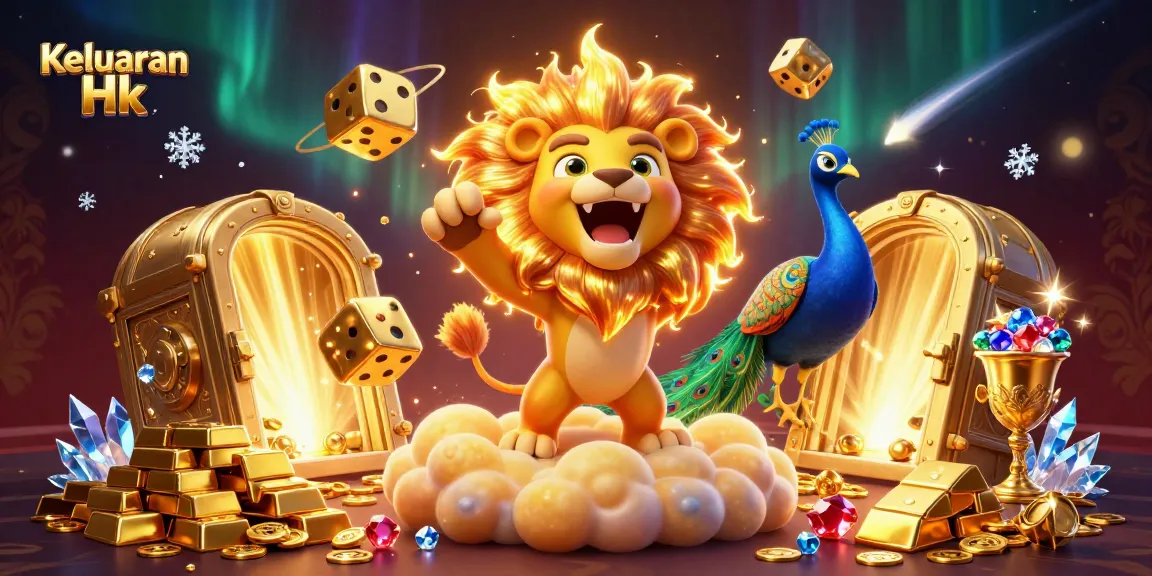 Keluaran Hk results showcased by dynamic sun lion, dazzling gems, and golden elements in a vibrant 3D illustration