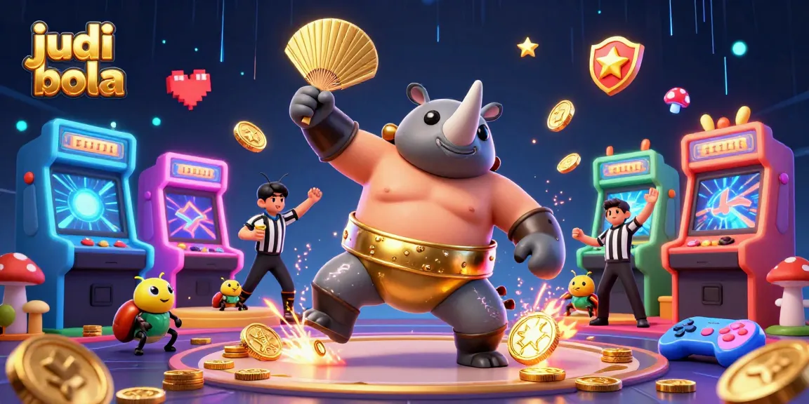 Experience judi bola excitement with a sumo champion beetle and a cricket referee in a vibrant casino atmosphere.