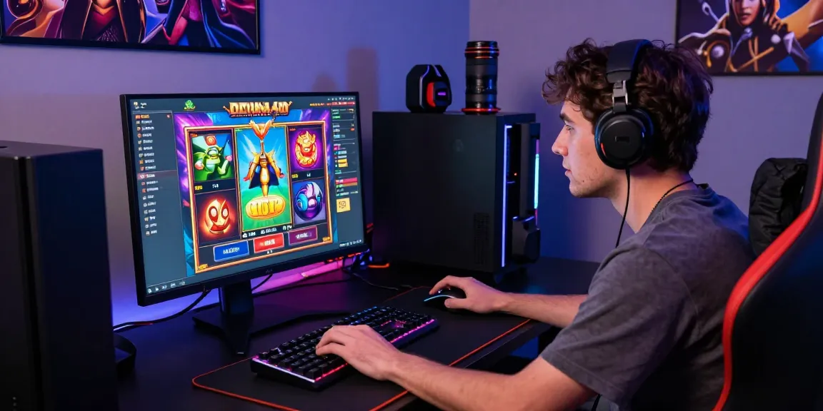 Permainan slot Diana4D online, pemain terfokus di desktop dengan perangkat gaming modern.