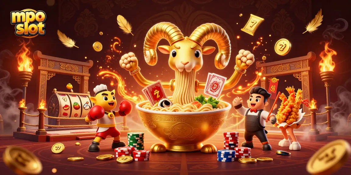 Engage with mpo slot through an exciting scene featuring a golden ramen bowl dealing cards in a vibrant casino setting.