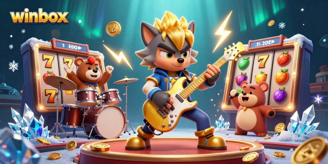 Winbox slot game featuring a cartoon rock star wolf and a drummer bear in a vibrant casino scene.