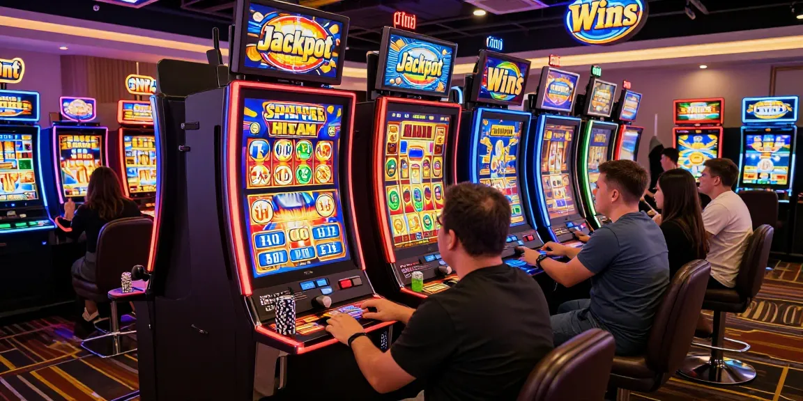 Dynamic casino scene featuring players enjoying Slot Scatter Hitam, surrounded by colorful machines and a lively atmosphere.