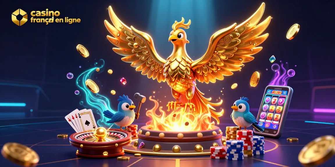 Découvrez le casino français en ligne à travers une illustration 3D fascinante remplie de pièces d'or et de jeux de hasard.