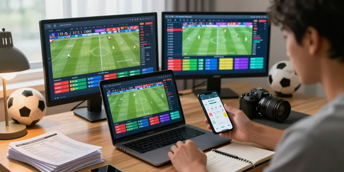 Engaged bettor analyzing live stats on keobongdahomnay platform during a football match.