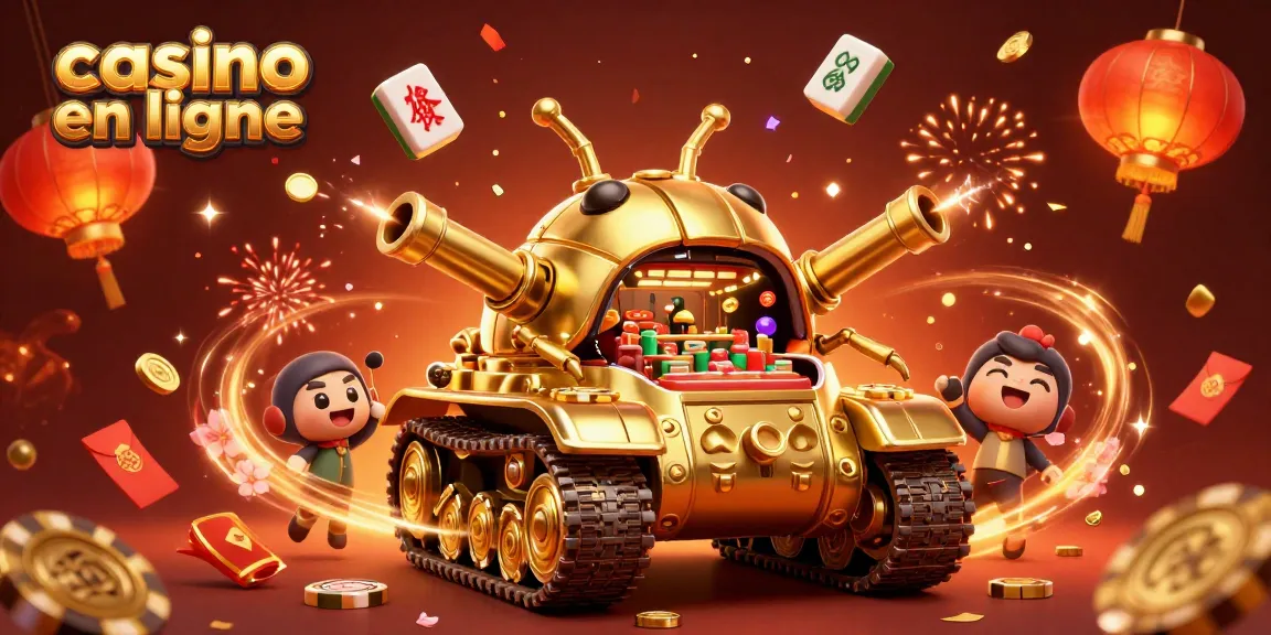 Jouez au casino en ligne avec des effets de fête, un tank doré, des confettis et des lanternes.
