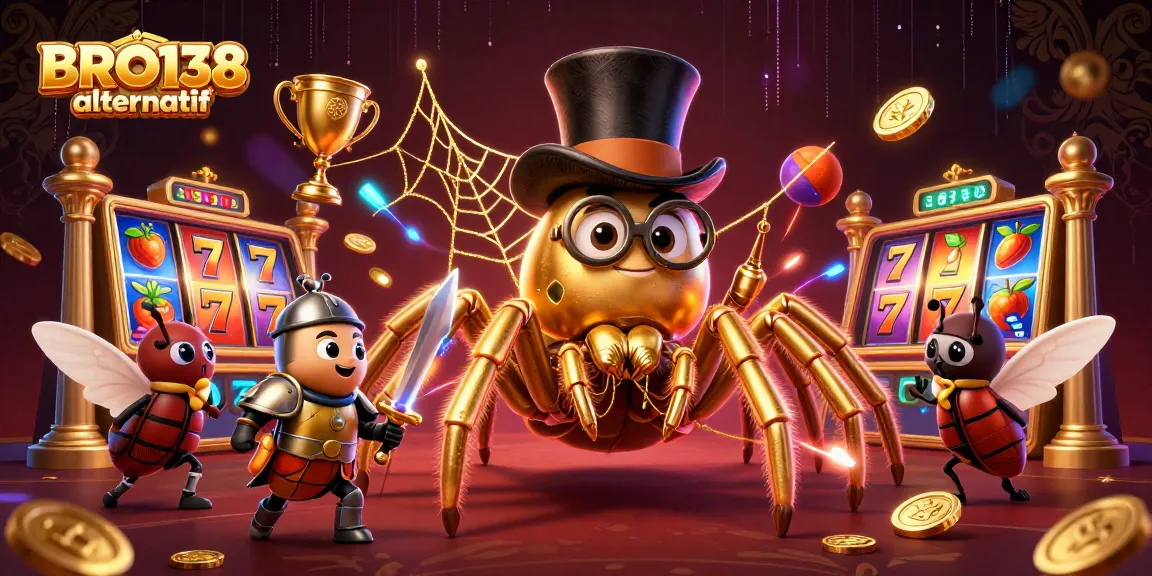 BRO138 alternatif showcases an engaging casino scene with a golden tarantula, beetle knight, and slot elements.