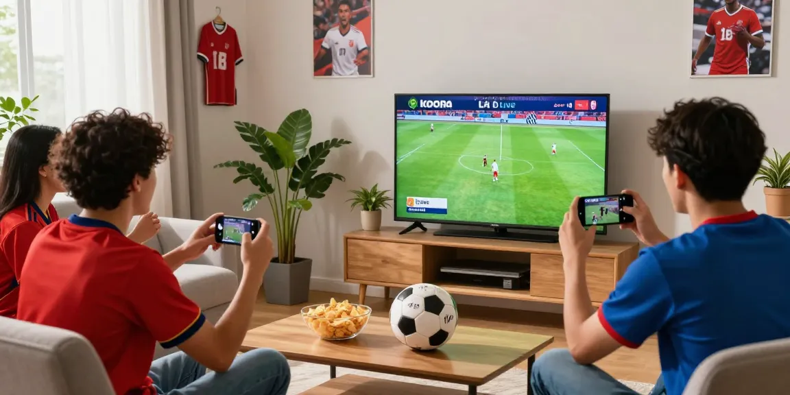 Koora live soccer match viewing scene with fans cheering and enjoying snacks in a vibrant living room.